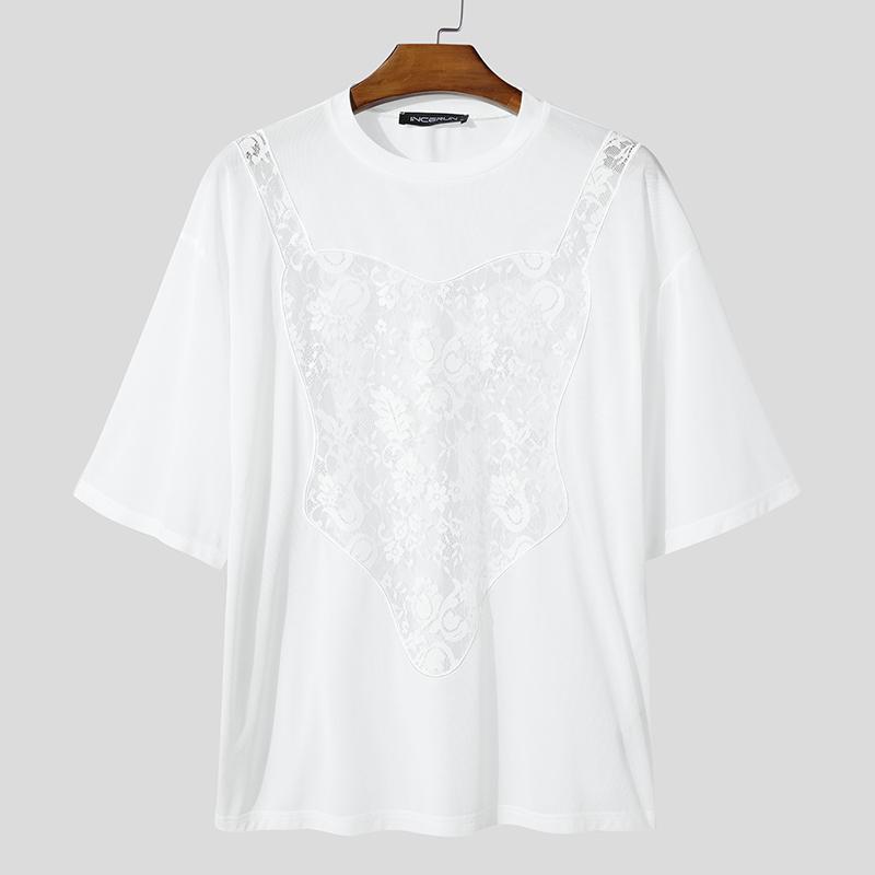 

INCERUN Мужские футболки с коротким рукавом и круглым вырезом, забавные, кружевные, пэчворк, сетчатые, прозрачные, свободного кроя XL белый