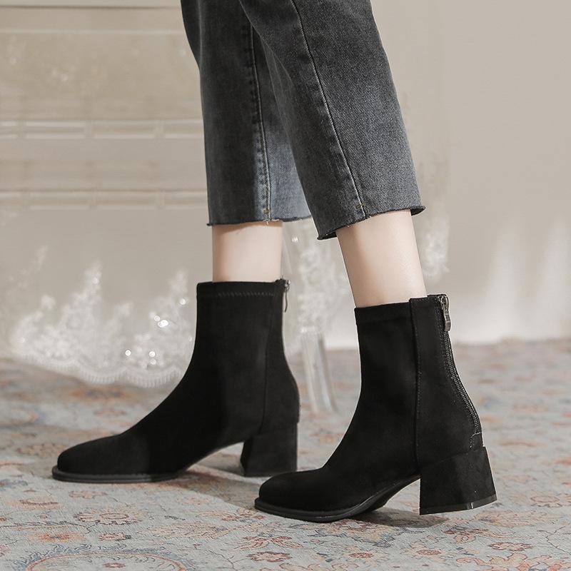 Temperament Suede Thick Heel Short Boots Women's Rear Zipper Autumn and Winter New Comfortable Versatile Square Head Elastic Medium Tube Fashion Boots