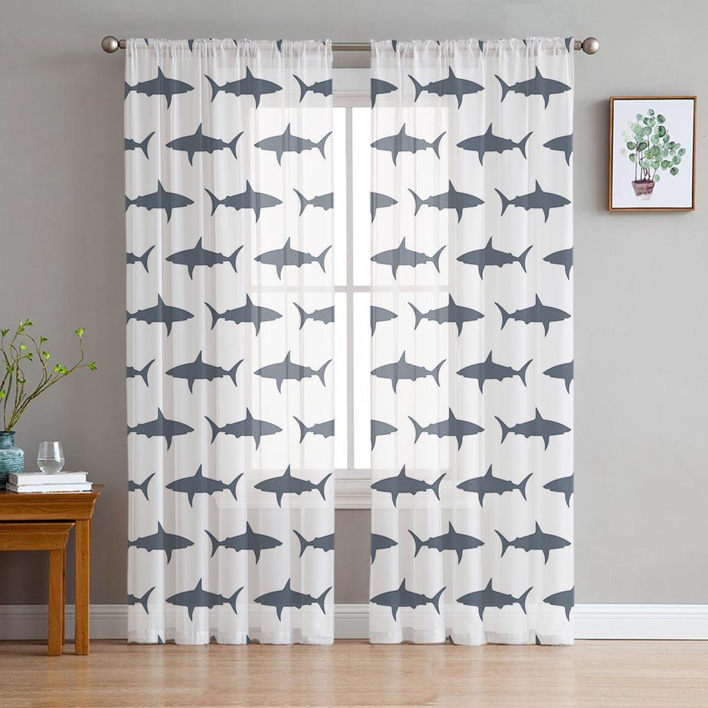 Sea Shark Tulle Curtains for Living Room Printed Sheer Voile Curtain for Bedroom Window Screening Drapes Blinds Home Decor