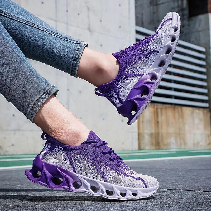 Tênis de Corrida Roxo Verão Mulheres Homens Tênis de Tricô Respirável Leve Tênis Masculinos Outdoor Casual Plataforma Sapatos Esportivos