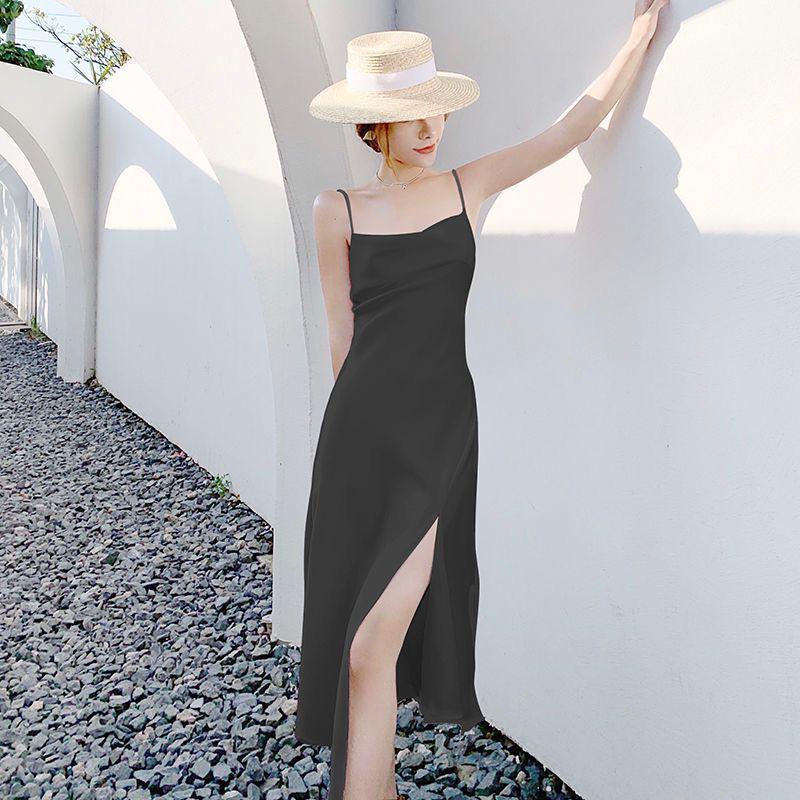 Pure Desire Satin Dress: Sleek Summer 2025 Spaghetti Strap Slim Fit with Slit Small
