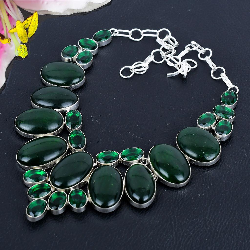 Green Labradorite, Diopside 925 Sterling Silver Jewelry Necklace 18" KG-1834