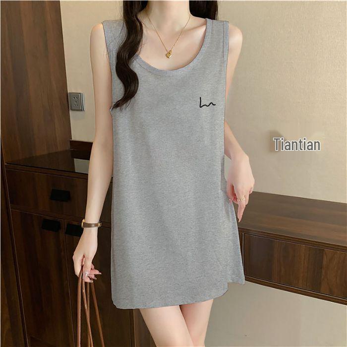 American Style Cotton Sleeveless Tank Dress: Summer Mid-Length Loose Fit Plus Size