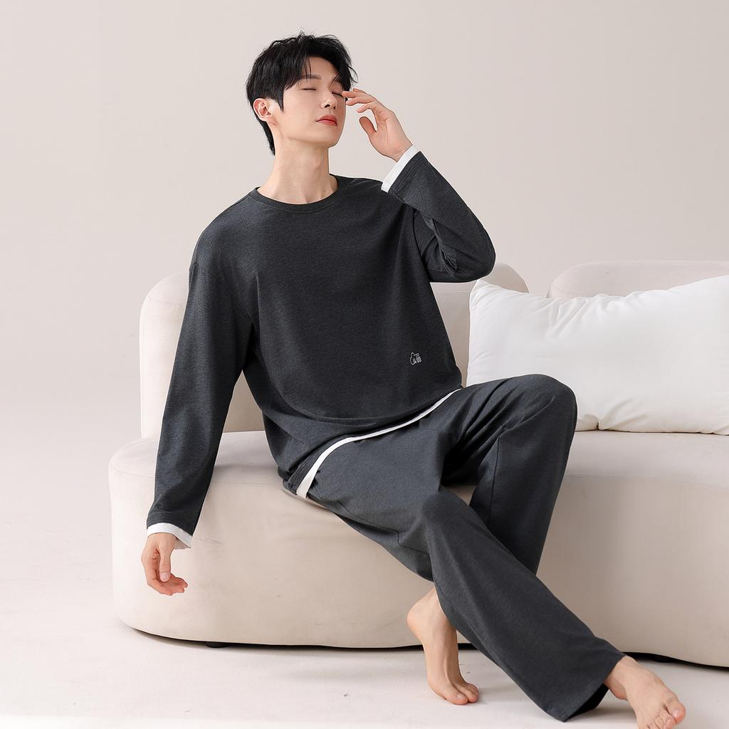 Super Soft Modal Cotton Couple Pajamas Men'S And Women'S Spring And Autumn Long Sleeve Belt Chest Pad Loungewear Set