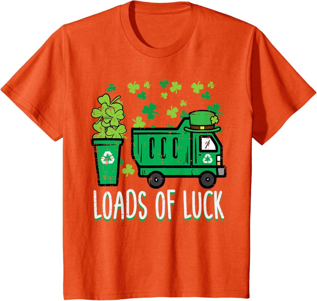 Garbage Truck Loads Of Luck St Patricks Day Graphic Tee Recycle Theme Short Sleeve T-Shirt