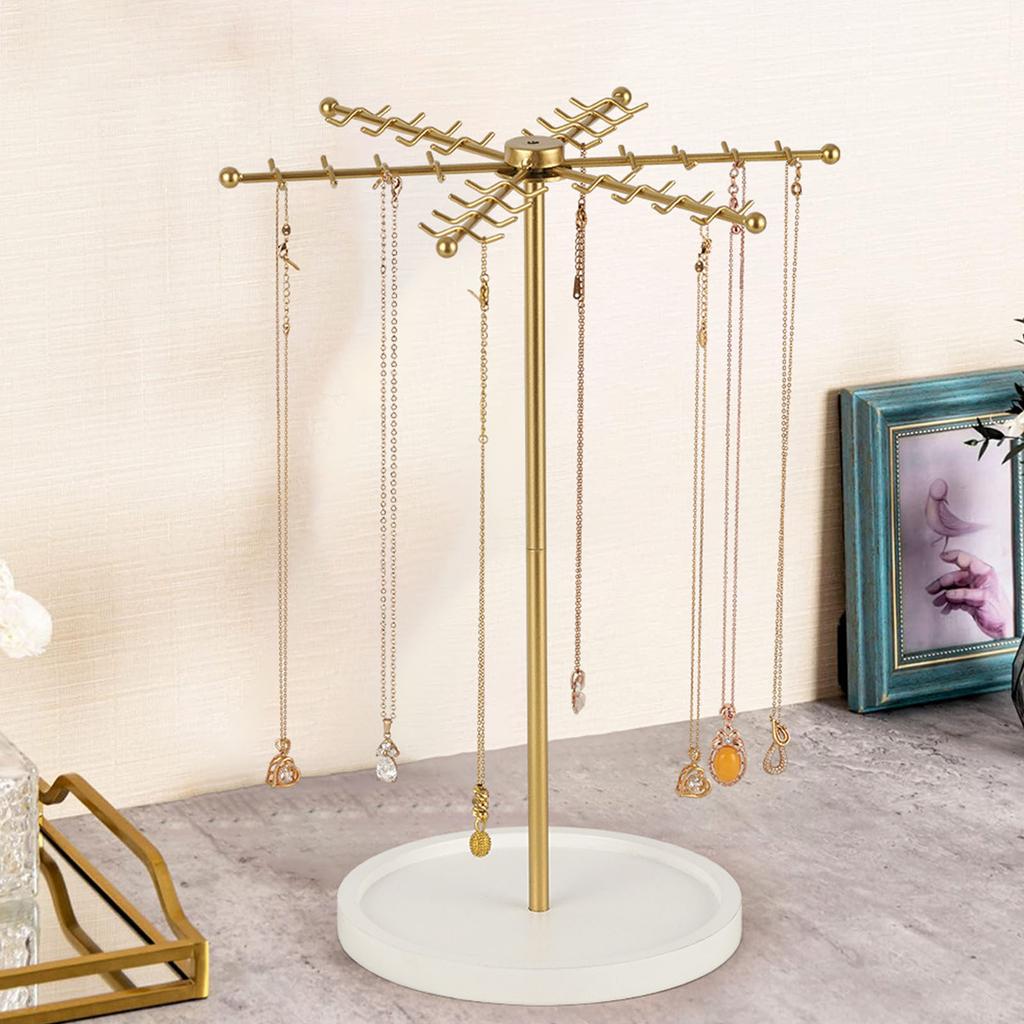 Modern Gold Jewelry Display Stand 48 Hooks 360 Rotating Design Compact Storage Solution For Necklaces Bracelets Perfect Gift
