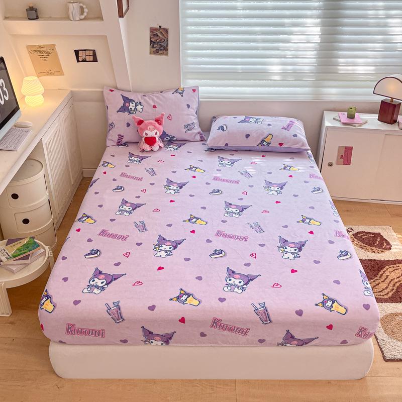 Sanrio Thick Warm Milk Velvet Fitted Sheet - Cute KT Cat, Kuromi & My Melody Design