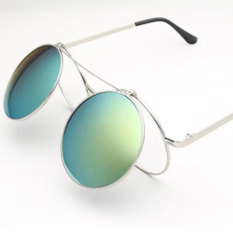 Year Retro Round Sunglasses Large Frame Prince Glasses Men'S And Women'S Metal Flip Sunglasses Double Layer Lenses