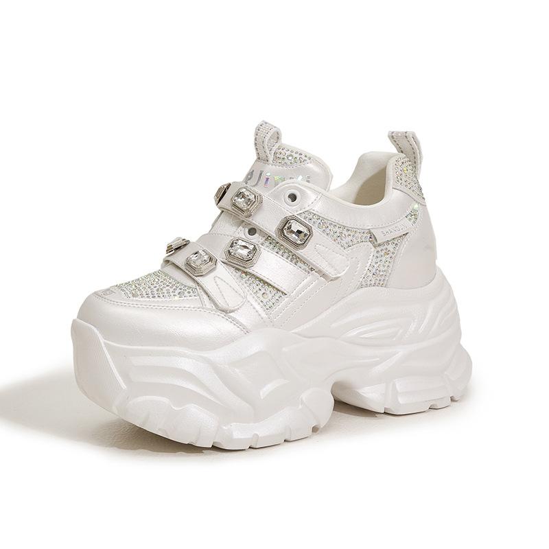 

Мода 2025 Весна Новые Кроссовки на массивной подошве в стиле «папиных», женские, платформа, одинарные туфли с водяными бриллиантами, модные кроссовки на скрытой платформе 34 белый