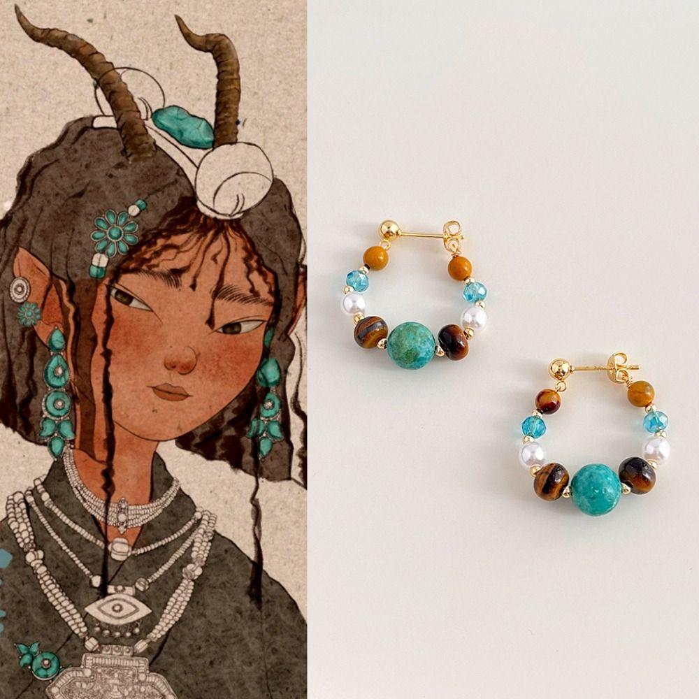 Ethnic Style Faux Turquoise Earrings Water Droped Vintage Hoop Earrings Beaded Earringdrop  Gifts