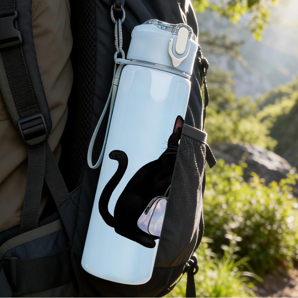 1PC Black Cat Carrying Shopping Bag 750ml Color Plastic Sports Water Bottle Leakproof Flip Straw Lid Suitable for Sports Office Home Use