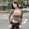 Elegant Square Collar Coffee Slim Fit Long Sleeve Top for Women - Trendy Drawstring Design for Spring & Autumn.