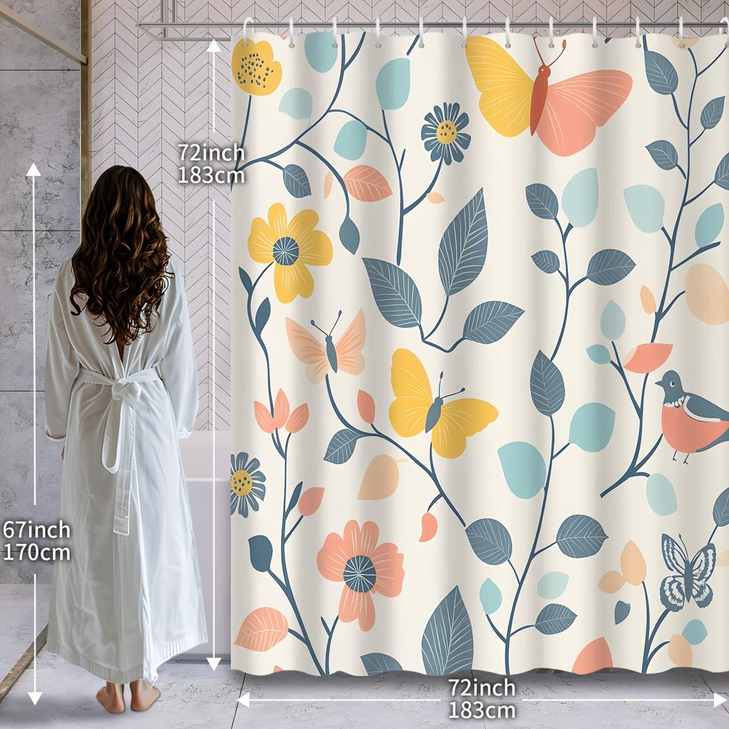 1Pcs Cartoon Watercolor Spring Flowers Eucalyptus Leaves Butterfly Shower Curtain, Machine Washable, Polyester Fabric