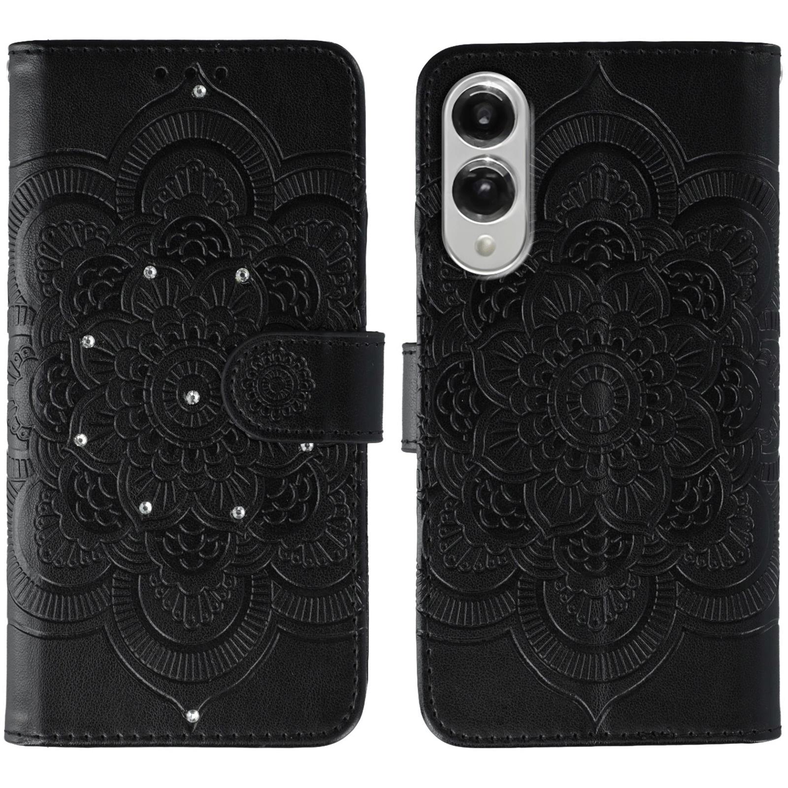 

For Samsung Galaxy S25 Edge Case Rhinestone Decor PU Leather Mandala Imprinted Design Phone Cover with Wrist Strap Black
