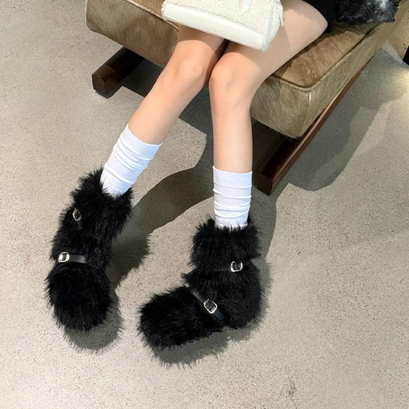 2025 autumn and winter snow boots flat bottom inner height increase thick sole high heel boots women's short boots fluffy boots belt buckle fleece war
