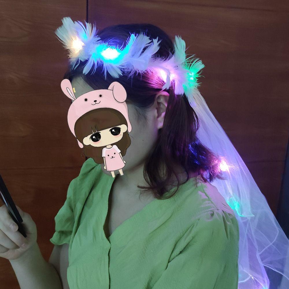 Bride Crown Bridal Feather Headbands Women Wedding Veil Korean Bride Headwear LED Light Bride Veil