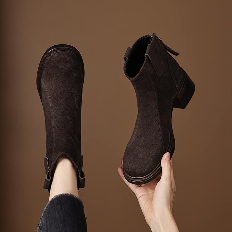 Krazing Pot Cow Suede Nubuck Winter Round Toe Modern Boots Med Heels Zipper Women Ankle Boots