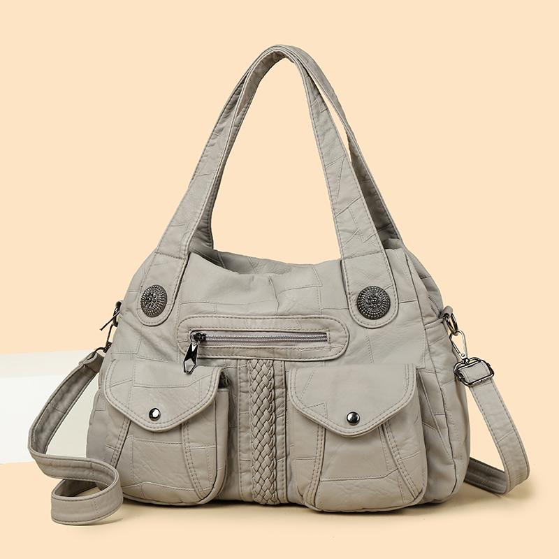 Women's Brown Textured Leather Hobo Bag Braided Detail Multi-Pocket Crossbody Shoulder Bag Fashion Casual Daily Handbag