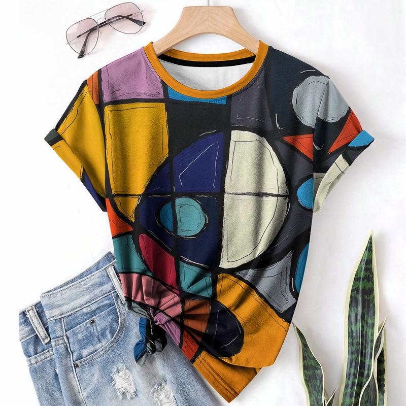 T-shirt da donna estiva a girocollo a maniche corte con motivo astratto stampato in 3D, artistica, leggera, casual e alla moda