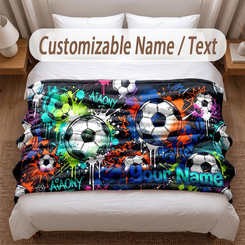 Soccer Theme Soft Blanket Personalized Custom Name Text Print Warm Blanket Home Sofa Bedroom Decor