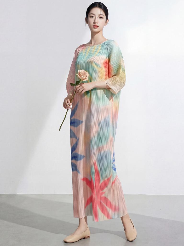 Miyake Women's Summer Long Dress: High-End, Loose, Plus Size, Printed Batwing Sleeve, Elegant Skirt.