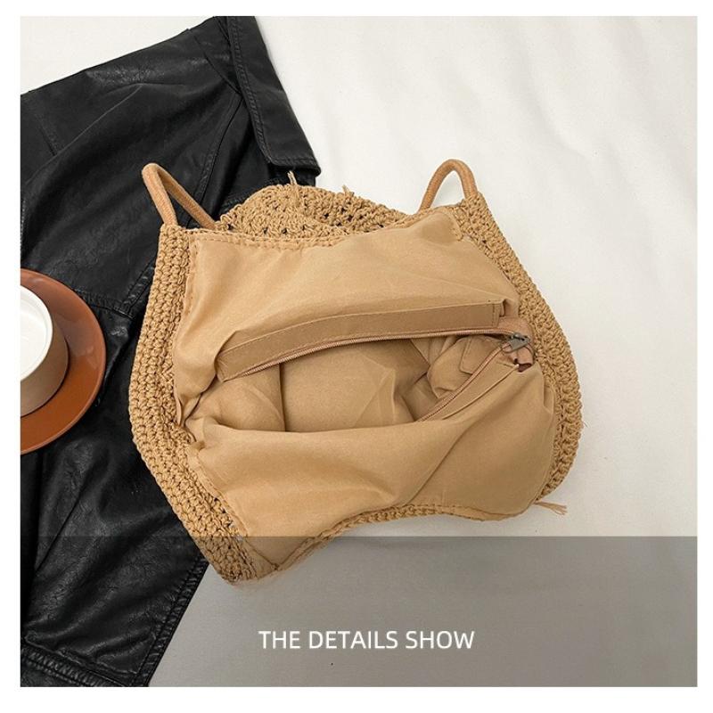 Bolso Tejido Hecho a Mano para Mujer, Bolso Sencillo de Viaje para Playa, Bolso de Hombro Único de Color Sólido con Cuentas Huecas y Borla