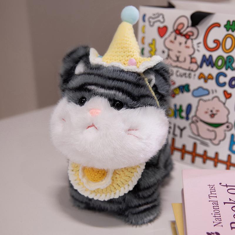Cute Big Face Cat With Birthday Hat Fruit Cake Snack Bib Decor Kawaii Grey Orange Cats Kittens Plushie For Kids Birthday Gift