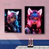 Neon Anime Cat Girl Posters Prints Canvas Painting Manga Neon Canvas Wall Art Pictures for Modern Home Girl Bedroom Game Decor