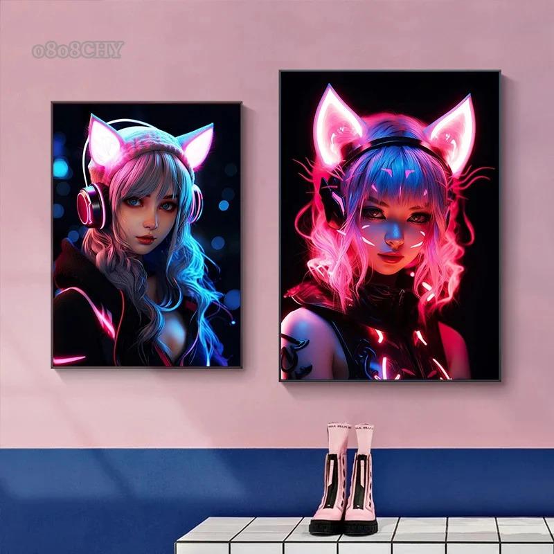 Neon Anime Cat Girl Posters Prints Canvas Painting Manga Neon Canvas Wall Art Pictures for Modern Home Girl Bedroom Game Decor