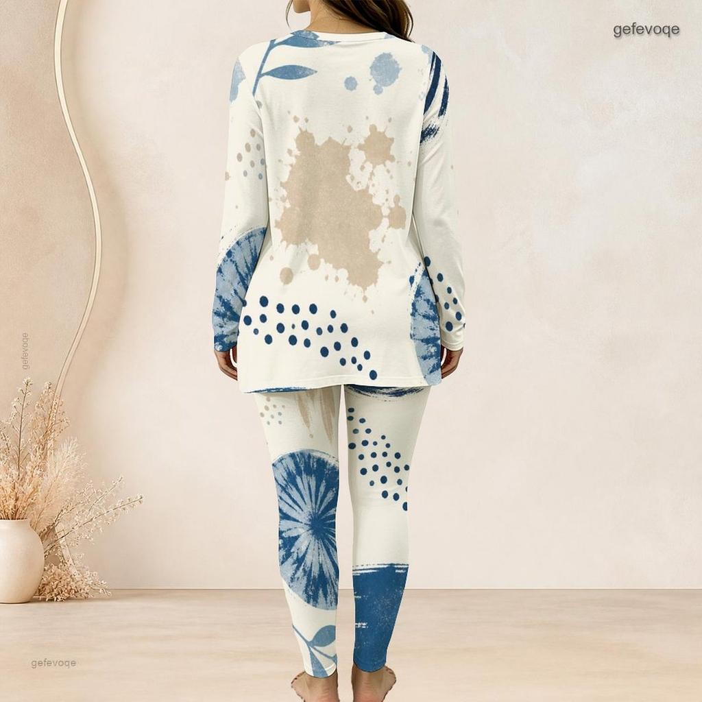 Women Plus Size Printed Two Piece Set Round Neck Long Sleeve Longline Top Fitted Pants Blue Beige