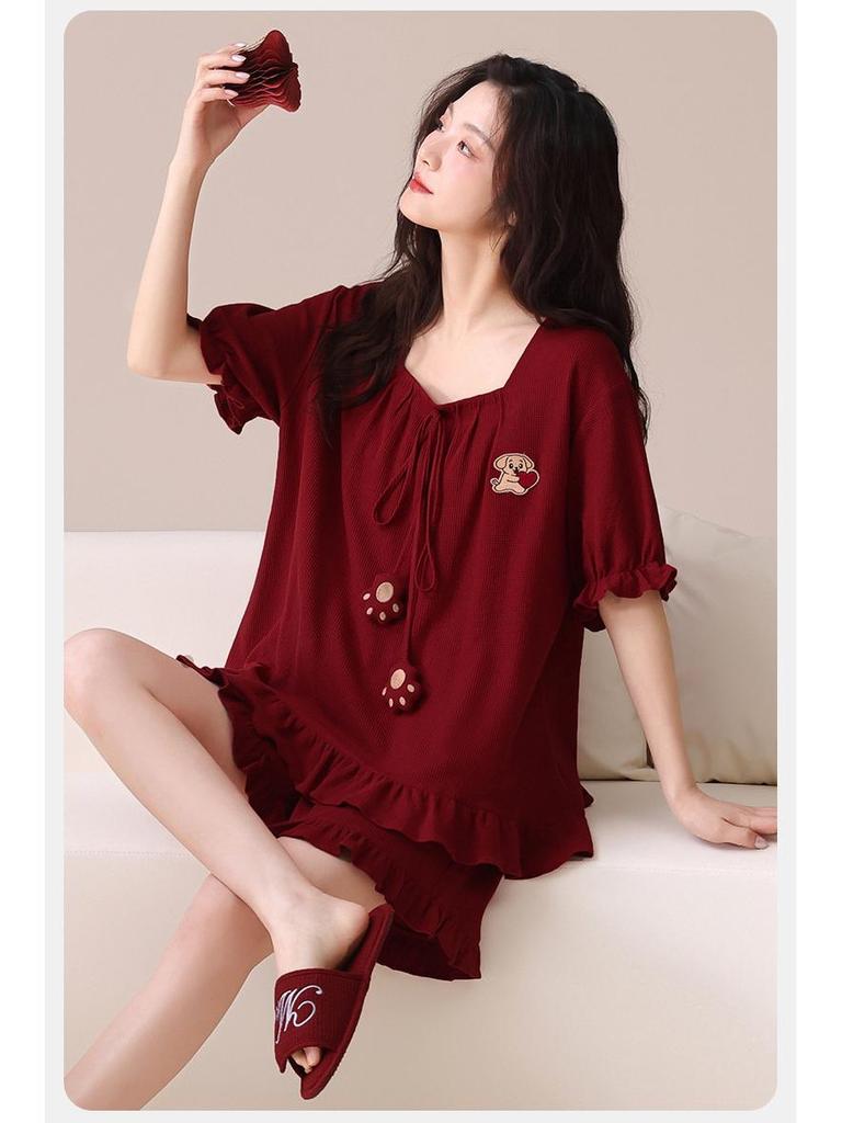 Damen Anti-Bakterielle Hochzeits-Pyjama - Rotes Jahr der Ratte Set, Sommer Baumwolle Kurzarm & Shorts, Paar Hauskleidung.