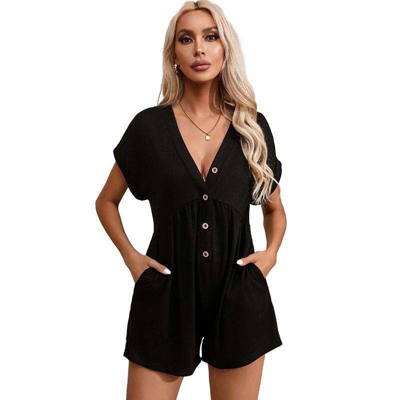 

European and American Leisure Loose and Simple V Neck Short Sleeve Rompers Women s 2024 Summer New Arrival High Waist Straight-leg Jumpsuit Women Black Size XL fit (70.00 kg-75.00 kg