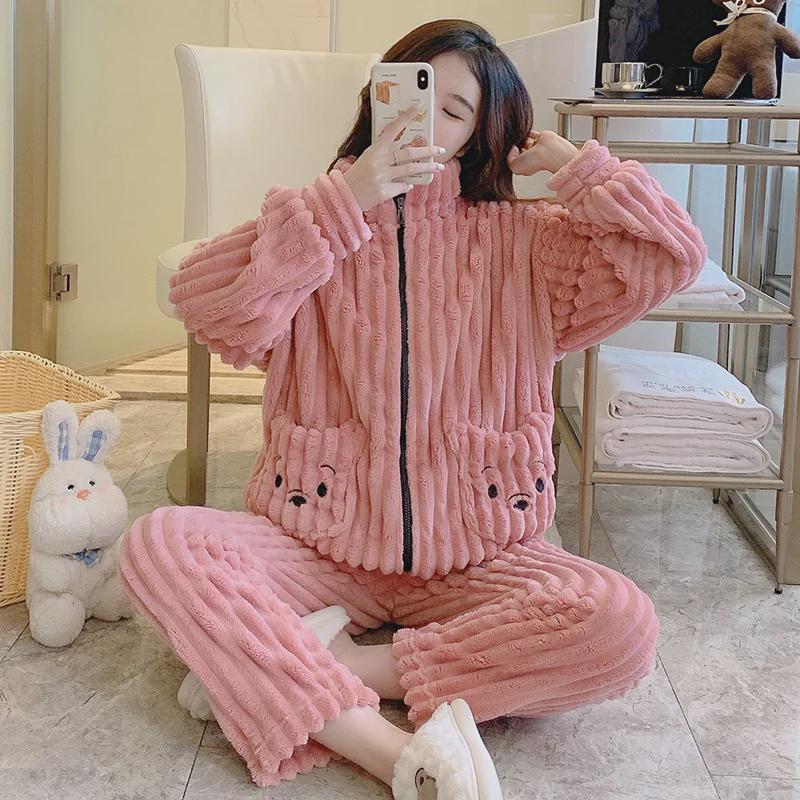 Pyjama d'hiver pour femme grande taille en velours corail et jacquard - Vêtement d'intérieur doux et confortable (Jusqu'à 200 livres)