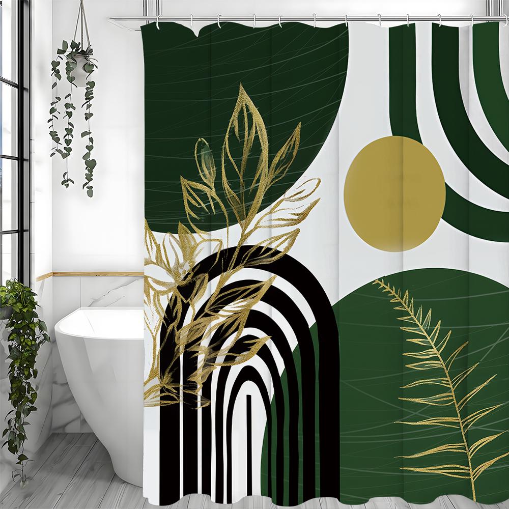 Modern Enkel Båge Sol Löv Duschdraperi, Dekorativt Duschdraperi för Badrum, Vattentätt Duschdraperi med Krokar