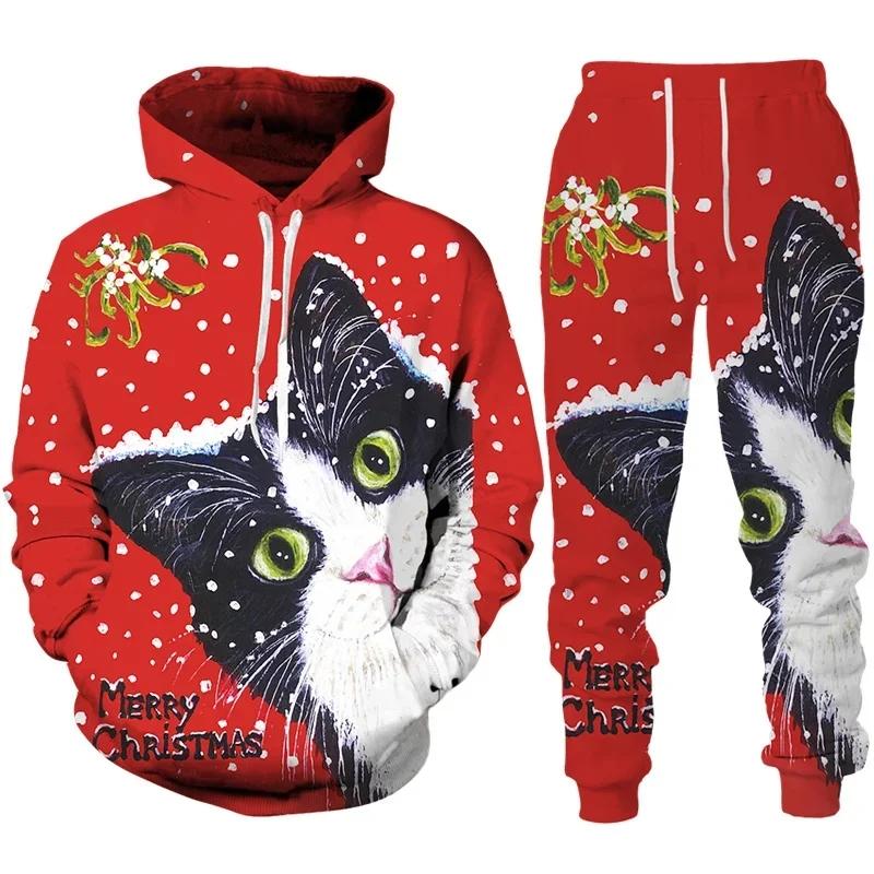 3D Print Hoodies Suit Christmas Santa Claus Man Woman Tracksuit Pants 2pcs Sets New Year Holiday Party Casual Pullover Oversized