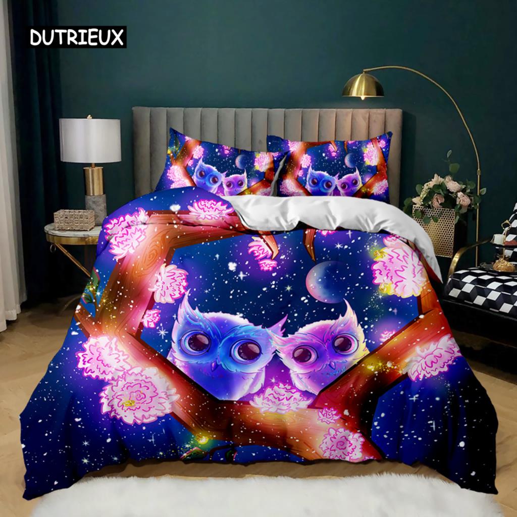 Owl Duvet Cover Adorable Cartoon Soft Microfiber Bedding Set Twin Double Queen King Size Animal Theme