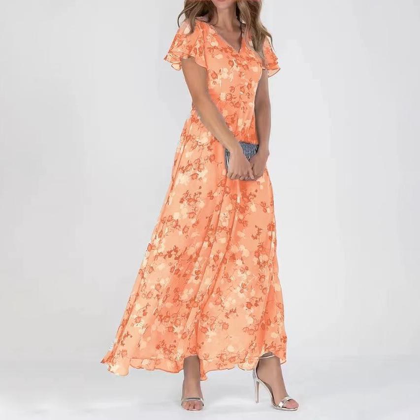 

Women Beach Elegant Flower Long Dress Casual Ruffle Short Sleeve V-Neck Lace-up Party Dresses Boho Style High Waist Dress Female XXXL помаранчевий