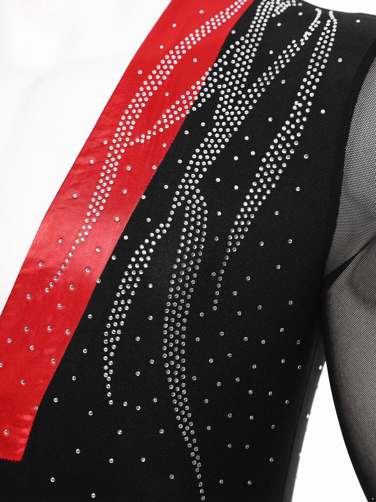 Mens Tango Dance Bodysuit Long Sleeve Mesh Panel Color Block V Neck Rhinestone Leotard Latin Ballroom Performance Wear