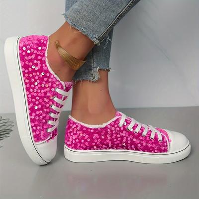 Women's Rose Red Fashion Sequin Lace-up Round Head Shoes