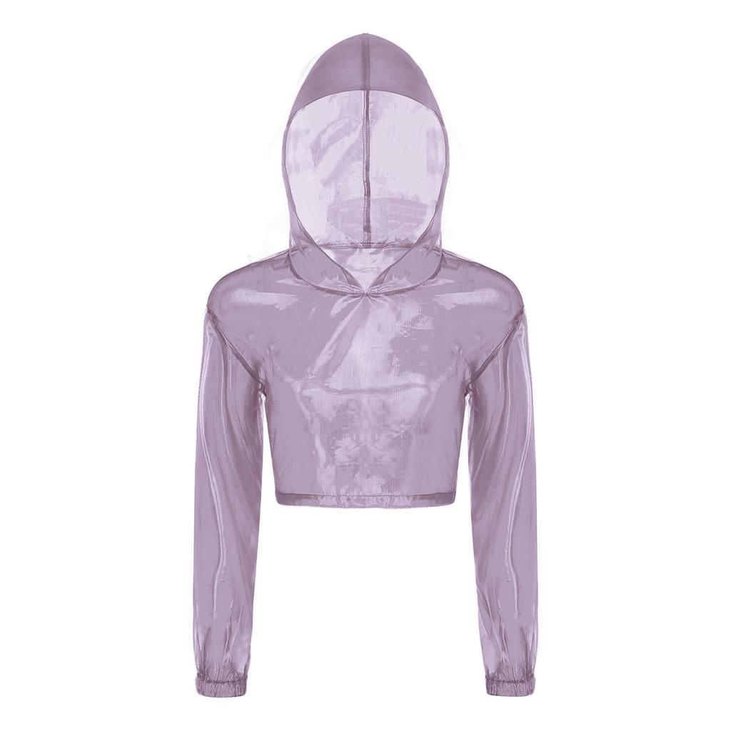 Womens Sparkly Sheer Top Hooded Long Sleeve Cropped Design Loose Fit Tops Club Rave Party