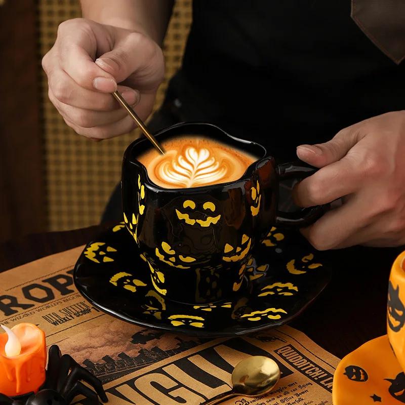 300ml Halloween Ceramic Coffee Cup Irregular Unique Mug with Bat Ghost Pattern Spooky Gift for Home Decor