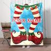 Custom Name Cute Christmas Elf Blanket Elf Legs Striped Socks Print Flannel Throw Blanket Winter Children Xmas Gift All Seasons
