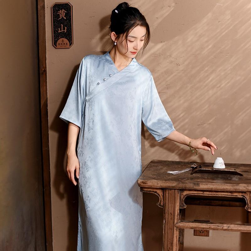 Johnature Women Chinese Style V-Neck Dresses Jacquard Half Sleeve Button Summer A-Line Female Vintage Dress