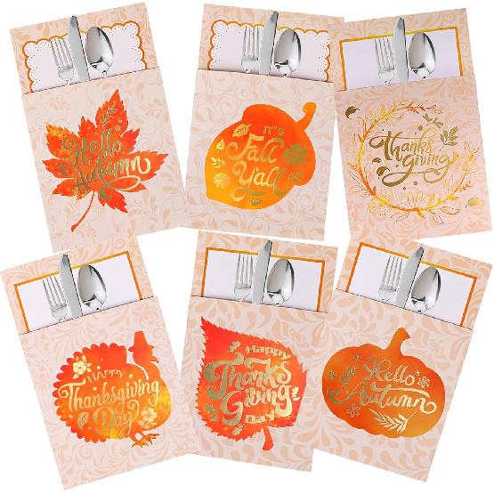 FOIMAS Thanksgiving Cutlery Holder,24 Pack Pumpkin Turkey Cutlery Utensil Holders for Fall Thanksgiving Harvest Party Dinner Table Decoration Supply