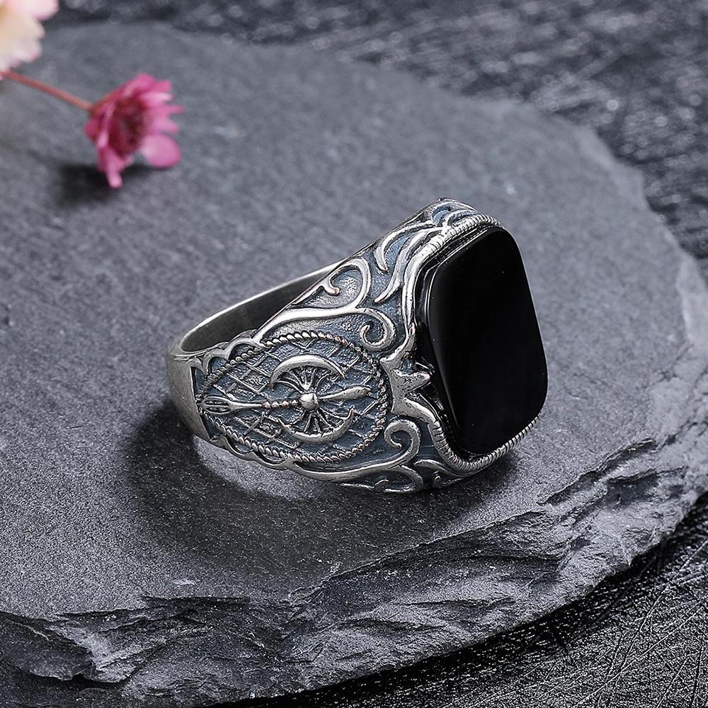 Silver  Ring Natural 12*14mm Rectangle Big Black Agate Stone Vintage Ring For Women Party Anniversary Gifts