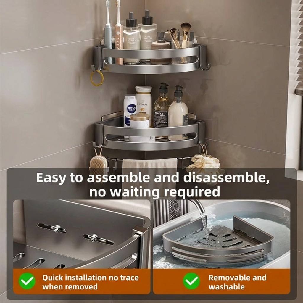 Gunl Gray Bathroom Corner Shelf, No-Drill Shower Caddy, Body Wash Rack for Shower Room and Bathroom Shelf