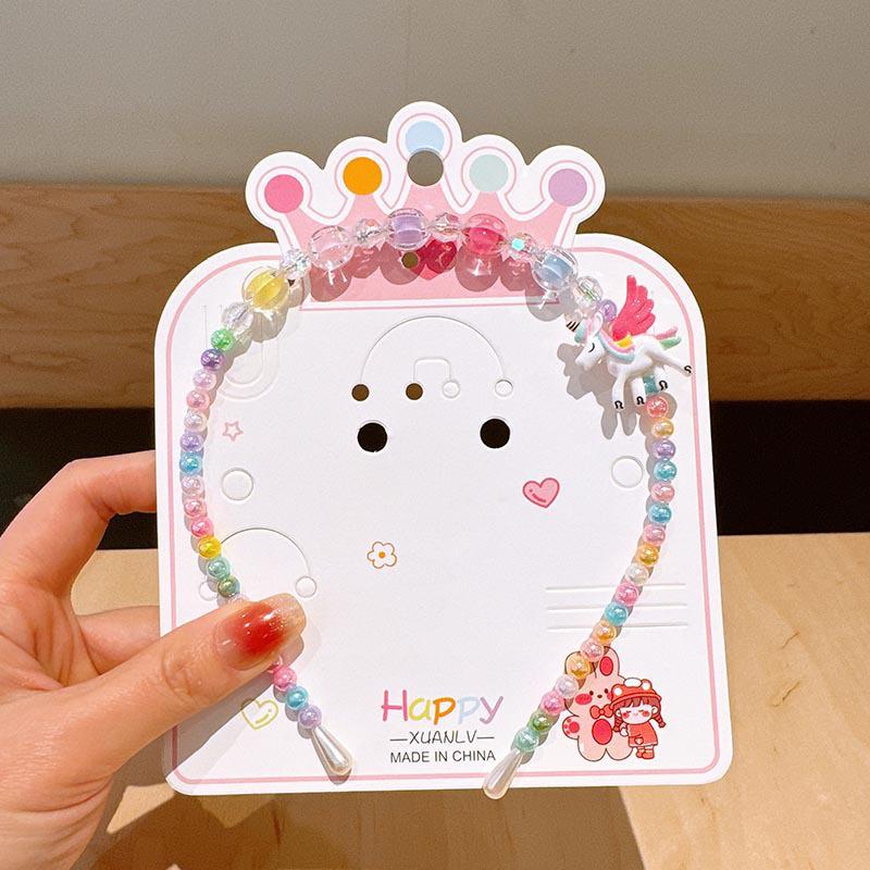 Colorful Pearl Necklace and Jewelry Set: Beaded Bracelet, Cartoon Headband, Earrings - Princess Accessories for Girls