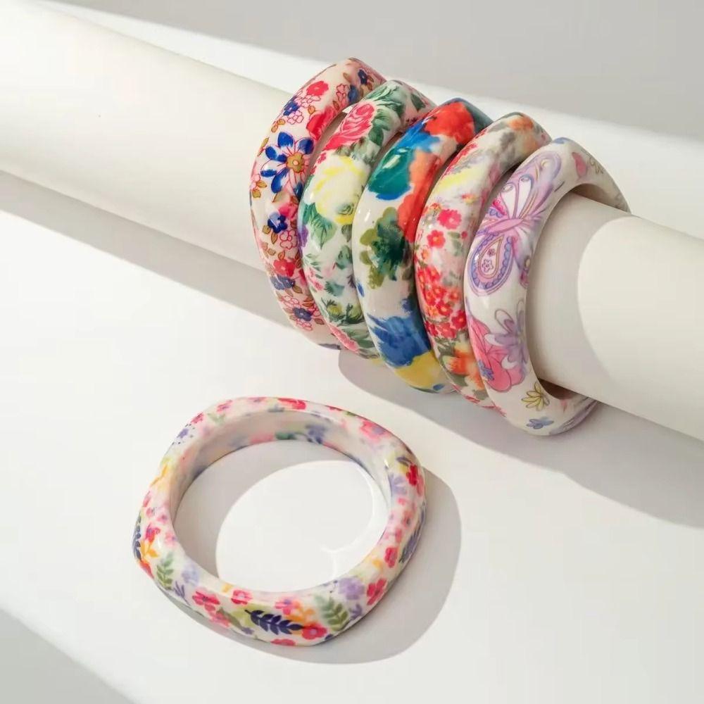 Bohemian Vintage Floral Resin Bangle Minority Design Flower Print Square Chunky Bangle Decoration