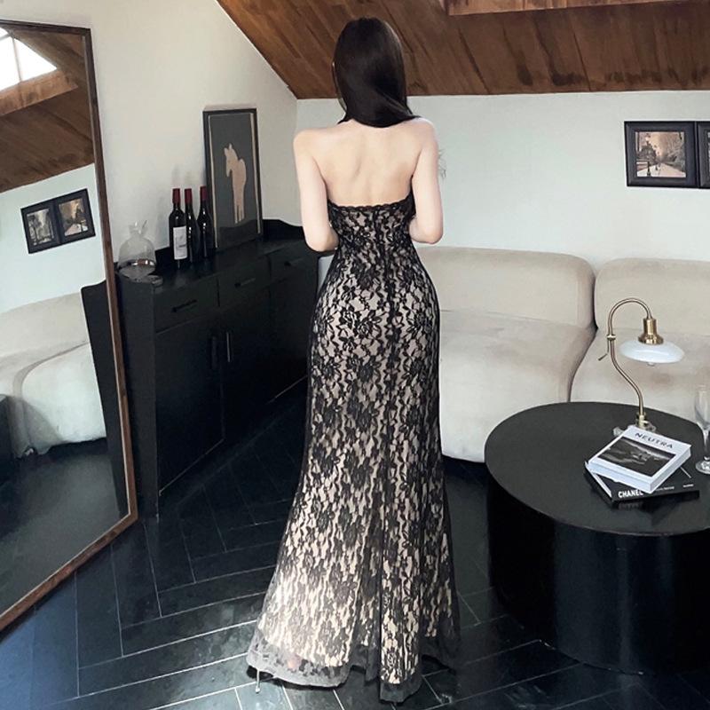 Pure Desire Hottie Neck Lace Flower High Waist Split Dress