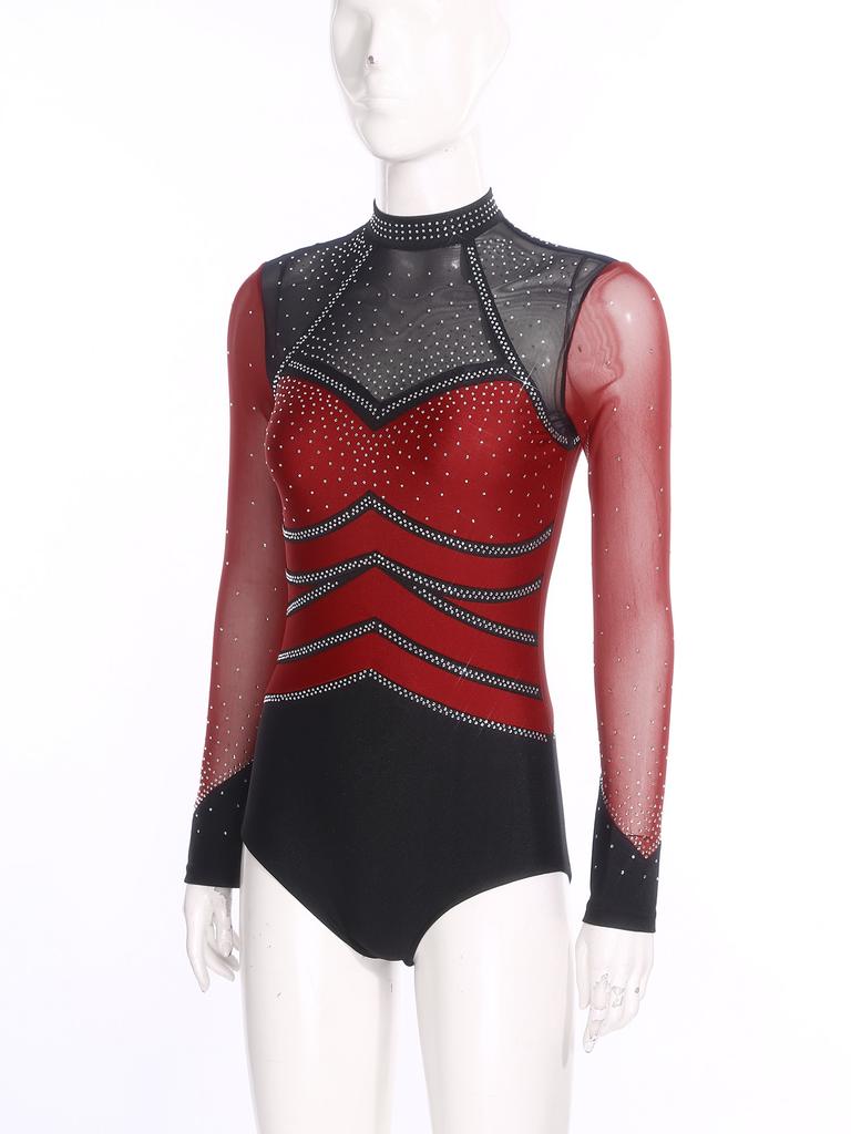 S-XXL Damen Performance Bodysuit: Rhinestone-Netz-Langarm mit Rückenausschnitt & Druckknöpfen im Schritt für Gymnastik, Eiskunstlauf